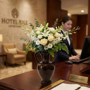 Barna kerámia váza a hotel recepcióján egy szép csokorral.