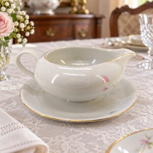 Bécsi Rasper & Söne porcelán mártásos tál tálcával, vintage étkezőasztalon / Vienna Rasper & Söne porcelain gravy boat with an underplate on a vintage dining table