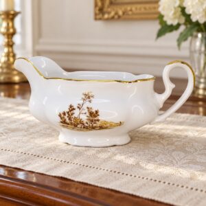 Fehér Bohemia porcelán kiöntő arany tájképmintával, vintage étkezőben / White Bohemia porcelain gravy boat with a gold landscape motif in a vintage dining room