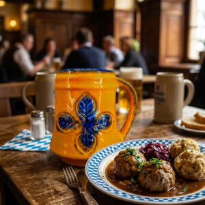 A vibrant yellow and orange glazed ceramic beer stein from West Germany with raised deep blue leaf motifs. The 1-liter mug is shown in a rustic tavern setting next to traditional food, as well as in studio close-ups highlighting its flawless condition and maker's mark.