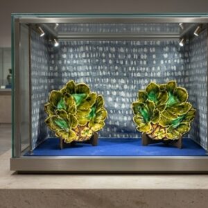 Pair of antique Josef Steidl Znaim majolica leaf-shaped decorative plates with vibrant green and yellow lead glaze, late 19th century.