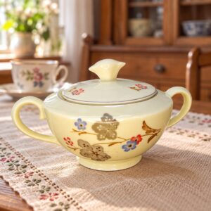 Cseh vintage porcelán cukortartó virágmintával és fedővel, reggelizőasztalon / Czech vintage porcelain sugar bowl with a floral pattern and lid on a breakfast table