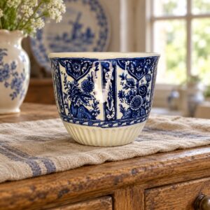 Kék virágmintás holland porcelántál vintage konyhai enteriőrben / Dutch porcelain bowl with a blue floral pattern in a vintage kitchen interior