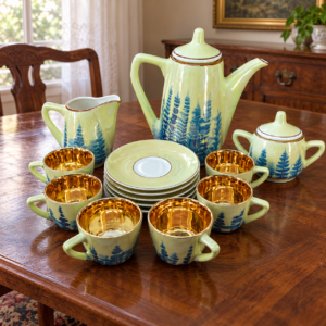 Román gyöngyházfényű porcelán kávéskészlet / Romanian Lustre Porcelain Coffee Set – illusztratív élőkép / illustrative lifestyle image