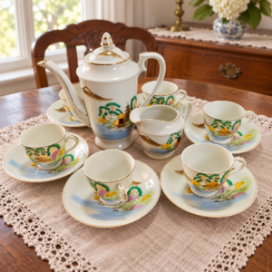 Porcelán kávéskészlet javított tejkiöntővel / Porcelain Coffee Set with Repaired Milk Jug – illusztratív élőkép / illustrative lifestyle image