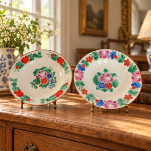 Két kézzel festett észak-koreai kerámia dísztányér / Pair of Hand-Painted North Korean Ceramic Decorative Plates – illusztratív élőkép / illustrative lifestyle image