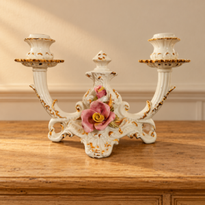 Bassano porcelán kétágú gyertyatartó virágdísszel / Bassano two-arm porcelain candelabrum with floral decoration – illusztratív élőkép / illustrative lifestyle image