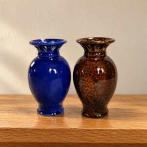 Kék és barna áttört nyakú kerámia vázapár / Blue and brown pierced-neck ceramic vase pair – illusztratív élőkép / illustrative lifestyle image