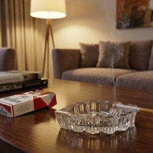 A clear, leaf-shaped crystal ashtray with a ribbed rim and textured leaf veins. It is shown resting on a dark, sparkly surface in studio lighting, and also in a lifestyle setting on a wooden coffee table next to a lit cigarette and a stack of books