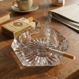 A clear, thick-walled hexagonal crystal ashtray featuring a deeply cut starburst pattern on its base. It is shown resting on a dark surface in studio lighting, and also in a lifestyle setting on a wooden table next to a lit cigarette, a vintage box of cigarettes, and a newspaper.