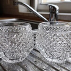 A pair of clear vintage crystal compote bowls featuring a textured diamond geometric pattern, resting on a dark surface and catching the light.
