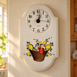 Junghans kerámia falióra festett gyümölcskosár-motívummal / Junghans ceramic wall clock with painted fruit-basket decoration – illusztratív élőkép / illustrative lifestyle image