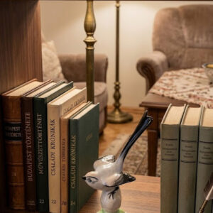 Aquincum Budapest porcelán madárfigura egy térelválasztó polcon a könyvek között