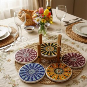 Kerámia alátét szett fa tartóval a terített asztalon.