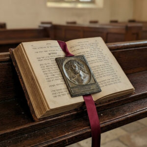 Krisztus dombormű a bibliában a templomi olvasópadon.