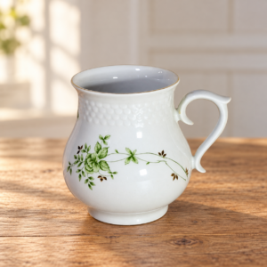 Hollóházi zöld leveles porcelánbögre faasztalon, illusztratív élőkép / Hollóháza green leaf porcelain mug on a wooden table, illustrative lifestyle image