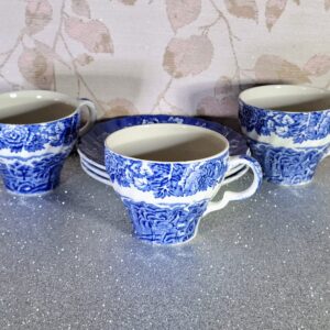 Wood & Sons, England, blue and white china, transferware, Rural Scene, English countryside, vintage teacup, blue floral, old English porcelain, kék-fehér csésze, angol porcelán, vintage teáskészlet.