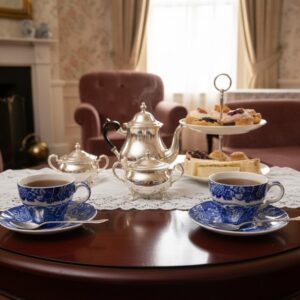 Két Wood & Sons „Rural Scene” kék-fehér porcelán teáscsésze teázáshoz előkészítve