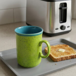 A vibrant lime green and turquoise blue speckled ceramic mug by English maker Just Mugs. Shown in a bright kitchen setting next to a toaster and a slice of buttered toast, and in close-up studio shots highlighting the ribbed texture and embossed maker's mark.