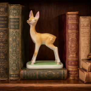 The Drasche fawn figurine displayed elegantly on a wooden bookshelf between antique leather-bound books.