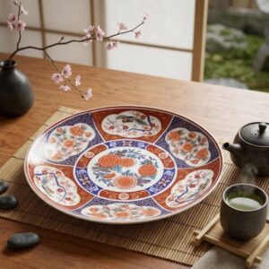Nagyméretű Japán Kozan Gama Porcelán Dísztányér Imari Stílusban autentikus Japán környezetben