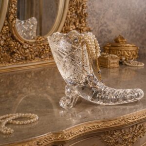 A heavy, hand-cut clear lead crystal cornucopia vase with deep starburst patterns, resting on elegant scroll feet against a dark background.