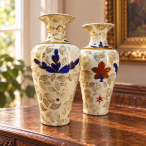 Csehszlovák kézzel festett porcelán vázapár aranyozott levélmintával (1960–70-es évek) / Czechoslovak Hand-Painted Porcelain Vase Pair with Gilded Leaf Pattern (1960s–1970s) – illusztratív élőkép / illustrative lifestyle image