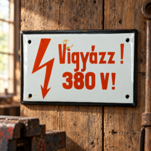 Retro „Vigyázz 380 V!” zománctábla / Vintage “Caution 380 V!” Enamel Sign – illusztratív élőkép / illustrative lifestyle image