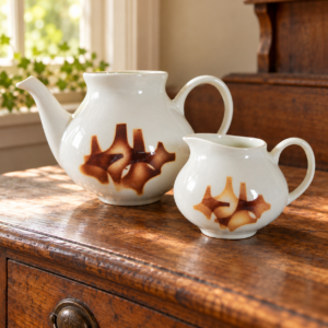 Csehszlovák fajansz kávéskanna és tejkiöntő – kiegészítő termék / Czechoslovak Faience Coffee Pot and Creamer – Add-On Item – illusztratív élőkép / illustrative lifestyle image