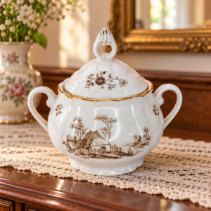 Csehszlovák aranyszegélyes porcelán cukortartó / Czechoslovak Gold-Rimmed Porcelain Sugar Bowl – illusztratív élőkép / illustrative lifestyle image