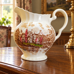 Vintage angol fajansz kancsó tájképi mintával – „Ősi tornyok” feliratú tájképi dekorral, 20 cm / Vintage English Faience Jug with Scenic Transfer Print – “Ancient Towers”, 20 cm – illusztratív élőkép / illustrative lifestyle image
