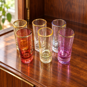 Hat színes, aranyszegélyű retro likőröspohár, 25 ml / Six Coloured Vintage Liqueur Glasses with Gold Rims, 25 ml – illusztratív élőkép / illustrative lifestyle image