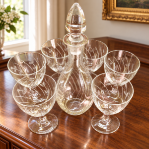 Csiszolt borospohárkészlet üvegdugós palackkal / Cut Wine Glass Set with Stoppered Bottle – illusztratív élőkép / illustrative lifestyle image