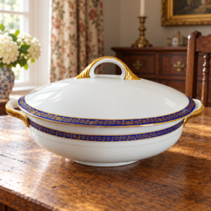 Csehszlovák porcelán levesestál aranymintával / Czechoslovak Porcelain Soup Tureen with Gold Decoration – illusztratív élőkép / illustrative lifestyle image