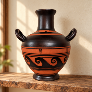 Városlődi kerámia amfora váza – görög mintás retro dísztárgy, fekete–terrakotta / Városlőd ceramic amphora vase – Greek-pattern retro decorative pottery – illusztratív élőkép / illustrative lifestyle image