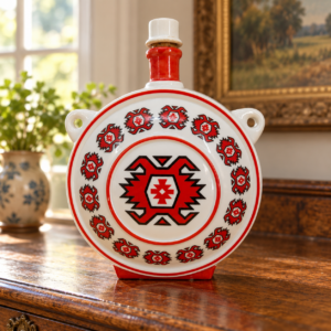 Zaječar porcelán kulacs – jugoszláv vintage díszkulacs népi motívummal / Zaječar porcelain flask – Yugoslav vintage folk decorative bottle – illusztratív élőkép / illustrative lifestyle image