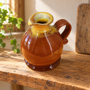 Rusztikus kis kerámia kiöntő barna–sárga mázzal, kézműves jellegű darab / Small Rustic Ceramic Pourer with Brown and Yellow Glaze – illusztratív élőkép / illustrative lifestyle image