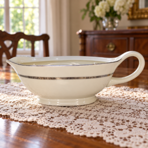 MCP csehszlovák vintage porcelán kiöntő – krémszínű, ezüstcsíkos, letisztult forma / MCP Czechoslovak Vintage Porcelain Gravy Boat – Cream Glaze with Silver Band – illusztratív élőkép / illustrative lifestyle image