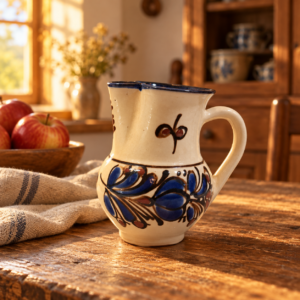 Virágmintás kerámia kancsó napfényes konyhában / Floral ceramic jug in a sunny rustic kitchen